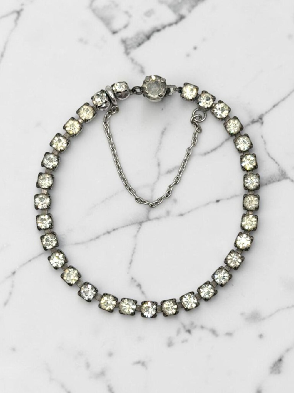 Vintage Rhinestone Tennis Bracelet with Safety Chain